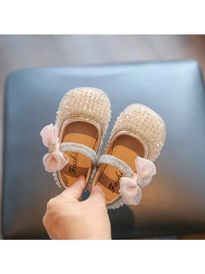 Girls Walking Shoes Lace Mesh Bows Kids Princess Shoes Non-slip Shiny Sequins 2025 New Children Flat Shoes Soft Sole Non-slip
