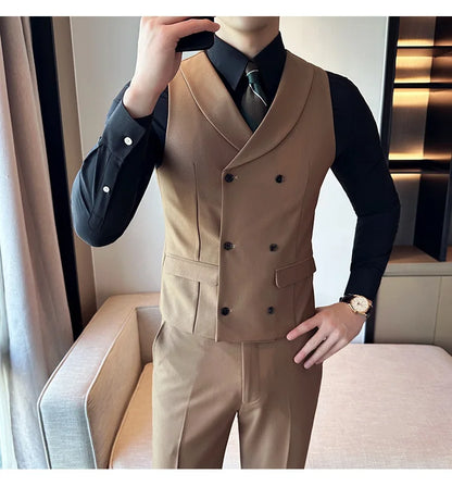 ( Vest + Pants) Men's Double-breasted Suit Vest 2 Pieces Set High Quality Business Casual Fashion Groom Wedding Dress Vest Sets