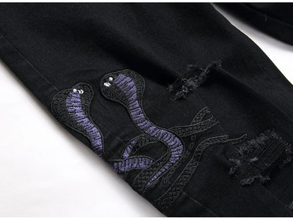 Men Snake Embroidery Jeans Streetwear Black Stretch Denim Pants Holes Ripped Distressed Slim Straight Trousers