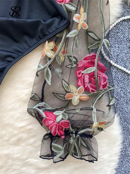 Vintage Embroidery Gauze Sexy Bodysuits Stand Collar Long Sleeve Playsuits Fashion Spliced Women Open crotch Rompers