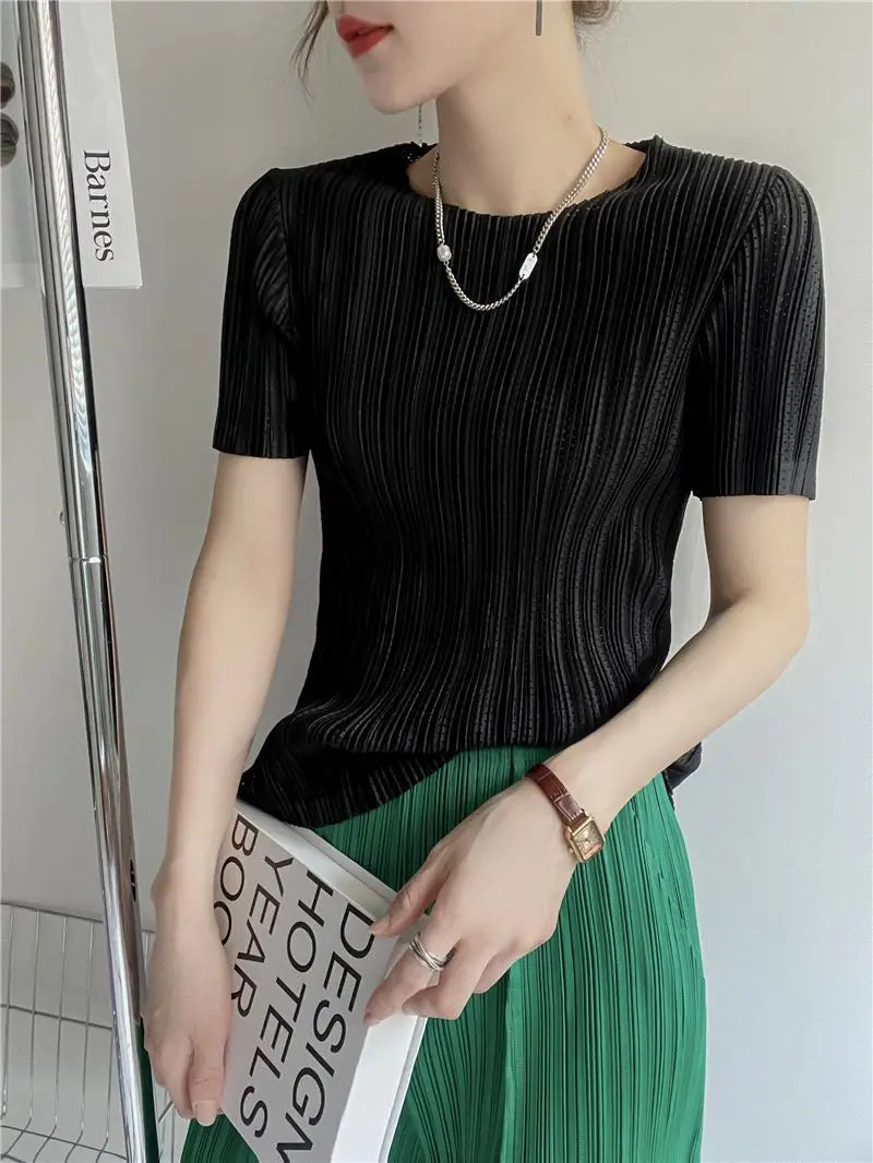 Miyake Pleated Short Sleeve Women's 2023 Summer New Thin Stretch Crew Neck All-Matching Slim Fit Pleated Hollow T-shirt Women