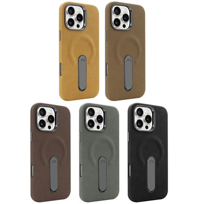 For iPhone 17 Pro Protective Case With Metal Rotatable Kickstand Suede Artificial Leather Phone Case For iPhone 17 16 15 Pro Max