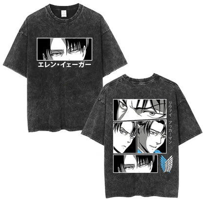 Anime Attack on Titan Washed T-Shirt Ackerman Mikasa Eren Jaeger Cherry Blossom Graphics Logo T Shirt Men Women Cotton T Shirts