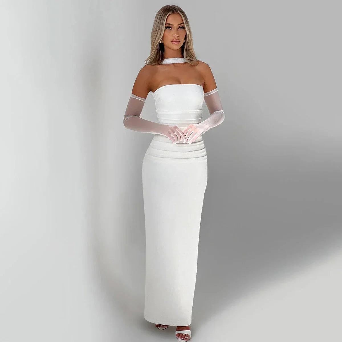 Elegant Scarf Strapless Solid Mesh Gloves Sexy Bodycon Maxi Prom Dress Women Fashion Y2K Outfits Wedding Party Birthday