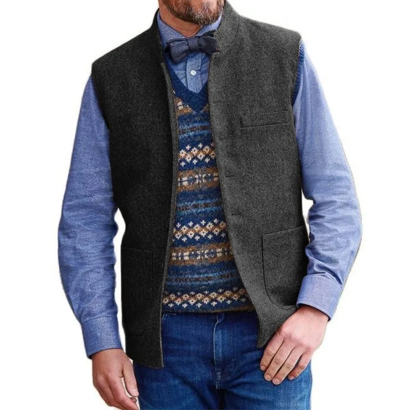 Men Vest Brown Herringbone Single Button Stand Collar Waistcoat For Wedding Business Banquet Work Daily Casual Men Suit Vest