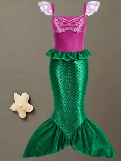 2025 Girls Mermaid Dress Princess Cosplay Party Costumes Summer Purple Elegant Flying Sleeve Fancy Dresses For 2-10Y Kids
