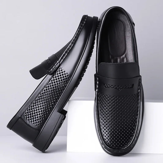 2026 Summer New Men's Breathable Leather Loafers Slip-On Hollow Out Casual Business Casual Shoes for Man Flat Driving Shoes Male