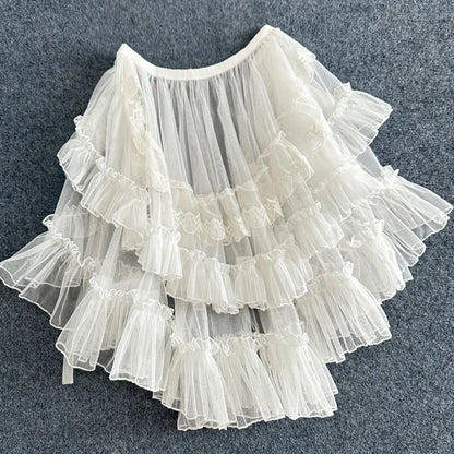 Gothic Lolita Lace Mesh Ruffles Fairy Princess Party Skirt Women Asymmetrical Cute Curtain Sheer Cover Up Thin Long Skirt White