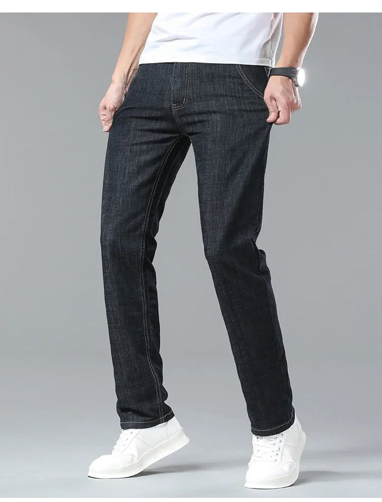 Men's Ice Silk Jeans Summer New Lyocell Thin Business Casual Denim Pants Classic All Match Slim Fit Straight Elastic Jean Male