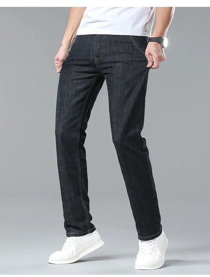 Men's Ice Silk Jeans Summer New Lyocell Thin Business Casual Denim Pants Classic All Match Slim Fit Straight Elastic Jean Male