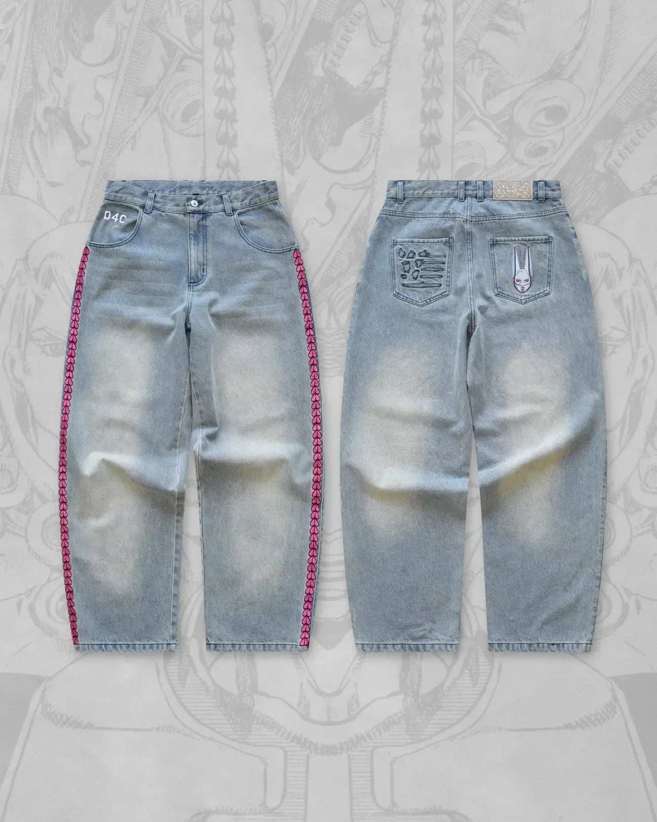 D4C JoJo  Y2K Men High Waist Baggy Jeans Women Pink Heart Side Embroidery Loose Fit Washed Denim Pants Streetwear Wide Leg Pants