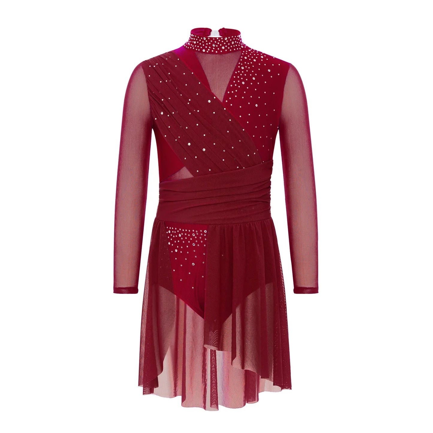 Kids Girls Gymnastics Figure Skating Ballet Lyrical Dance Costume Dress Side Split Sheer Mesh Ruched Glittery Rhinestones Dress