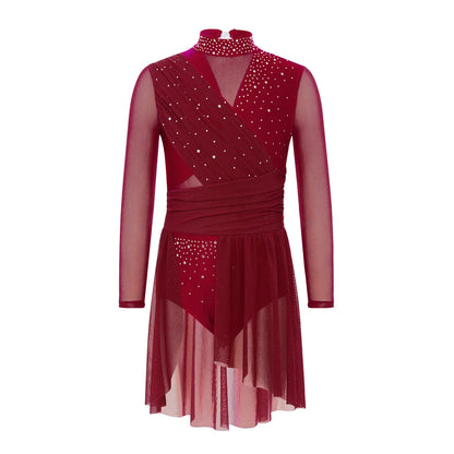 Kids Girls Gymnastics Figure Skating Ballet Lyrical Dance Costume Dress Side Split Sheer Mesh Ruched Glittery Rhinestones Dress