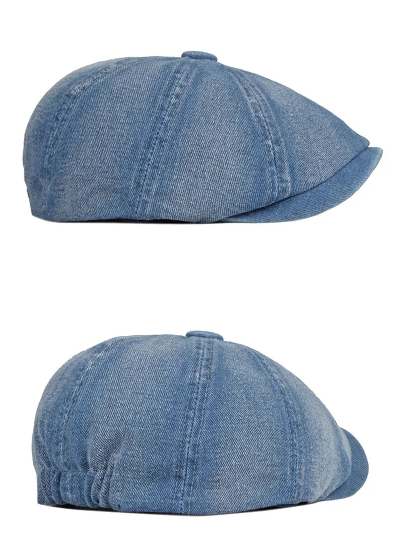 Men's Octagonal Hat Casual Solid Eight-blade Berets Washed Denim Newsboy Cap Women Painters Hat Peaked Herringbone Flat Cap