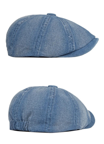 Men's Octagonal Hat Casual Solid Eight-blade Berets Washed Denim Newsboy Cap Women Painters Hat Peaked Herringbone Flat Cap