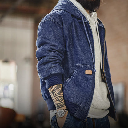 Retro Men's J130 10.5oz Denim Jacket Heavyweight Washed Aged Hooded Jacket Zipper Work Coat with Large Pockets for Fall