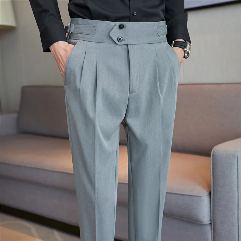 British Style Autumn New High Waist Trousers Men Belt Design Slim Fit Suit Pants Office Social Wedding Party Formal Pants Hommes