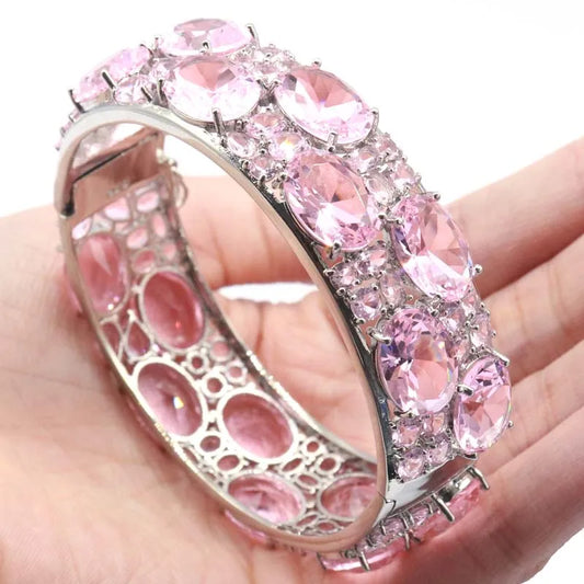 Bracelet jonc en argent 24x20mm, 51,2g, taille imposante, kunzite rose, aigue-marine bleue, tanzanite violette, et iolite, 19 cm