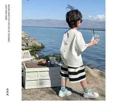 Summer Boys Cotton Leisure White T-Shirt Tops+Contrast Stripes Shorts Pant Set School Kids 2PCS Tracksuit Children Outfit 3-14Yr