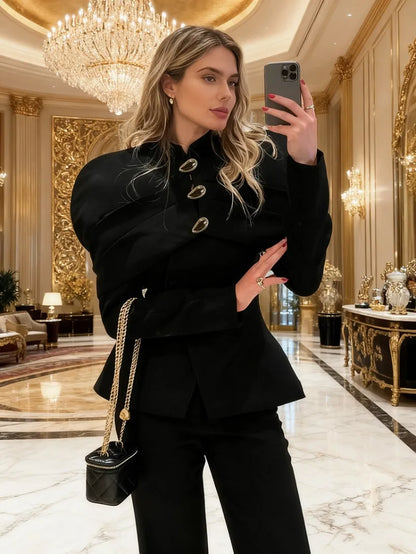 Black Elegant Blazer For Women 2025 Autumn Fashion Gold Buttons Patchwork Jacket Coat Party Vintage Commuter Suit Jacket