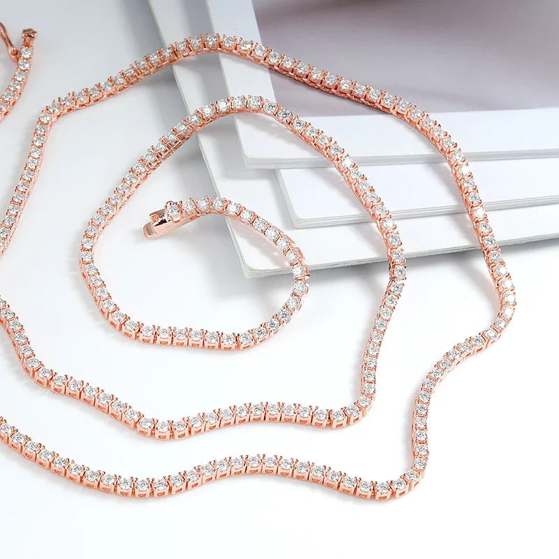 S925 Silver Plated 18k Rose Gold All Moissanite Tennis Necklace D VVS1 2/2.5/3/4/5mm Pass Diamond Test Neck Chain Woman Man