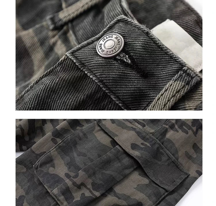 plus Size American Retro Camouflage Casual Work Pants Women's Loose Wide Leg Jeans Autumn New Sle High Waist Zipper Closure