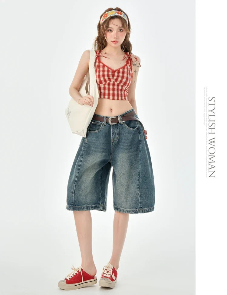 Loose Wide Leg Denim Knee Length Pants Women American Vintage Slimming Shorts