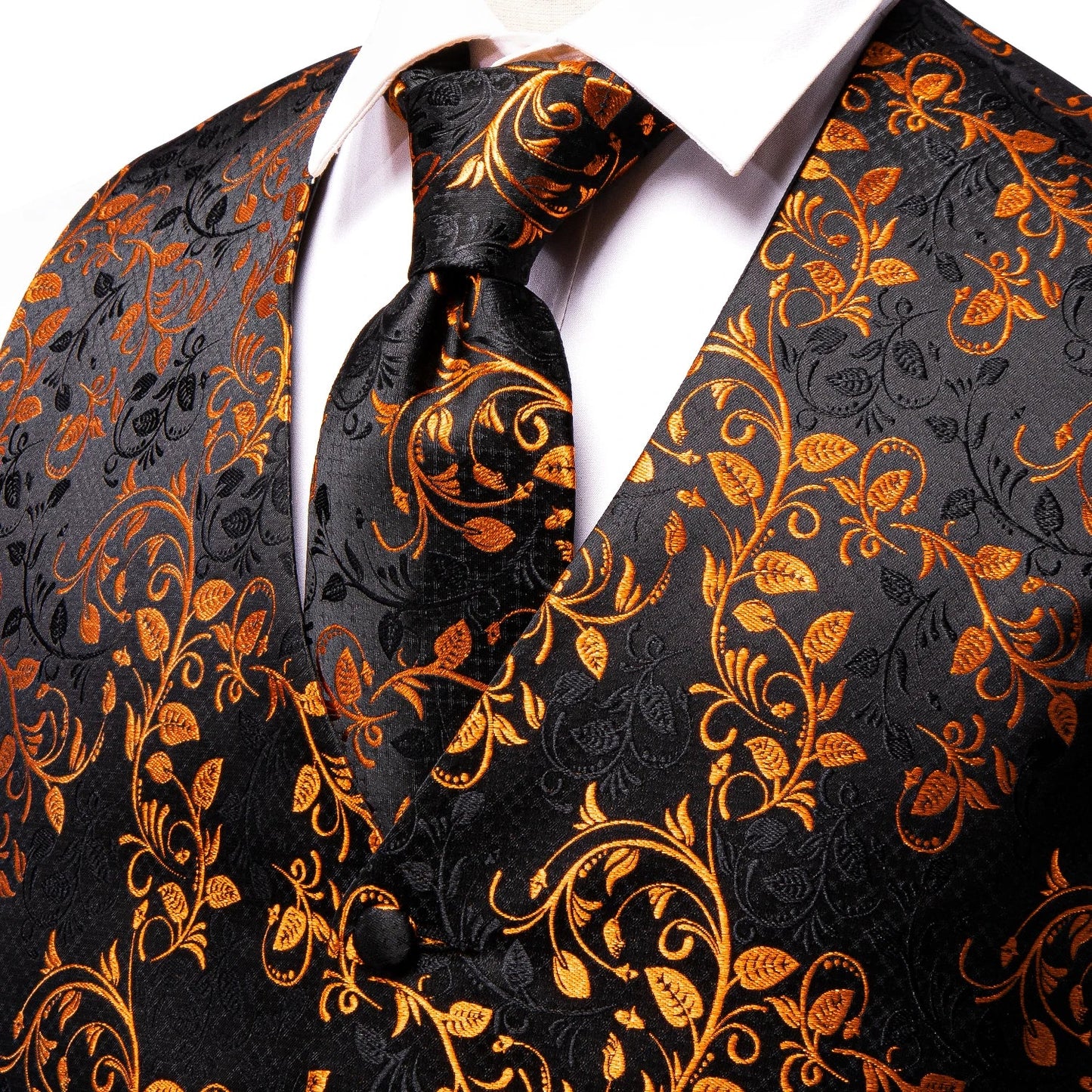 Silk Mens Vests Sleeveless Waist Jacket Jacquard Black Orange Floral Waistcoat Tie Hanky Cufflinks Set for Men Casual XXL