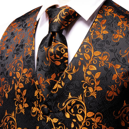 Silk Mens Vests Sleeveless Waist Jacket Jacquard Black Orange Floral Waistcoat Tie Hanky Cufflinks Set for Men Casual XXL