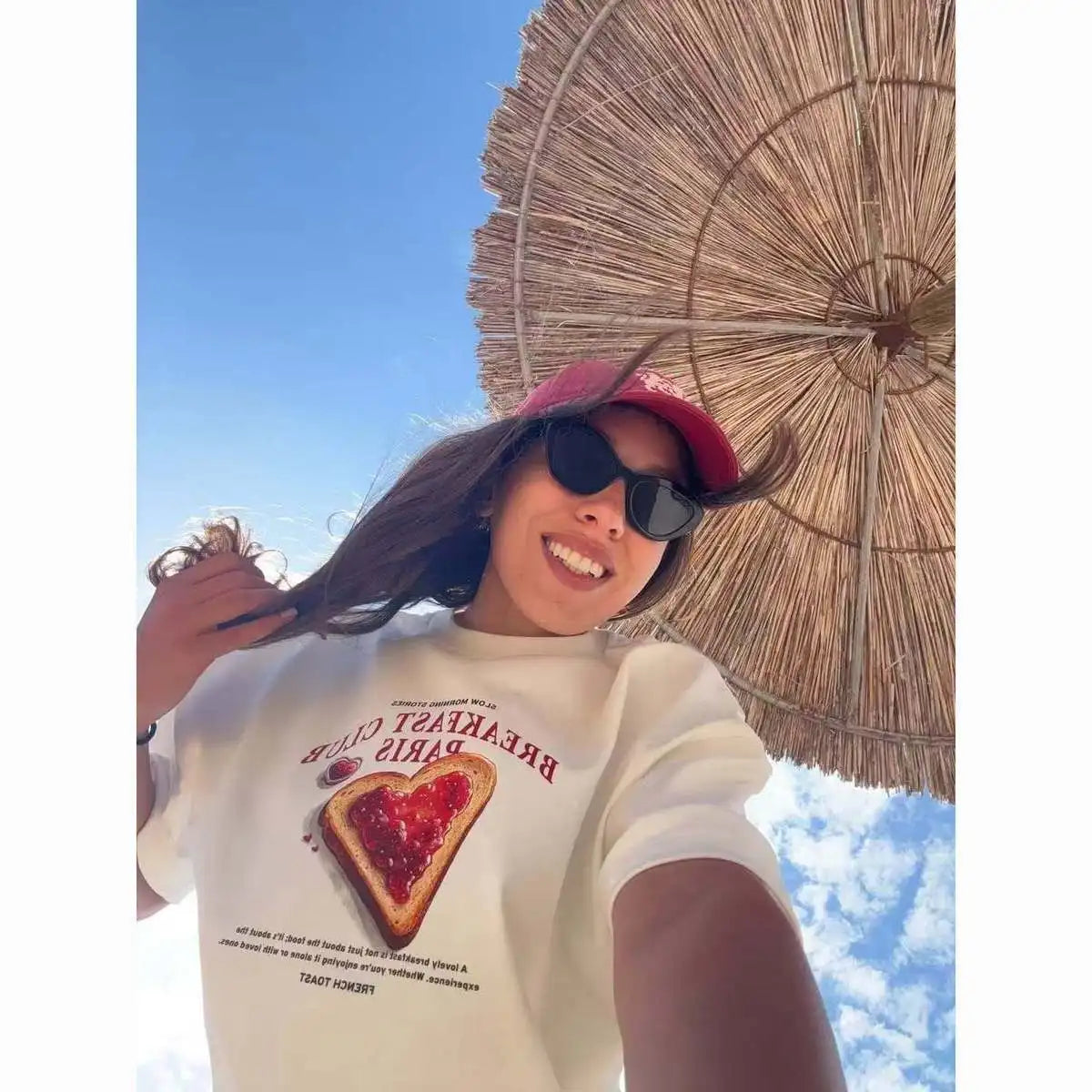 American 100% Pure Cotton Cartoon Retro Heart-Shaped Pomegranate Print Summer Vacation Loose Casual Women's T-shirt