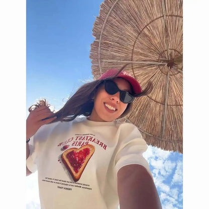 American 100% Pure Cotton Cartoon Retro Heart-Shaped Pomegranate Print Summer Vacation Loose Casual Women's T-shirt