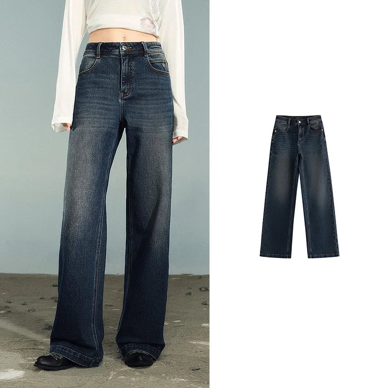 Women Denim Jeans 2025 Autumn New Lycra Stretch Washed Wide Leg Straight Long Pants