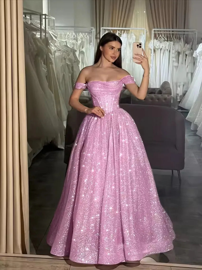 Customized Moden Prom Dress 2026 Glitter Tulle Off the Shoulder Wedding Party Dress Boat-neck A-line Floor-Length Evening Gowns
