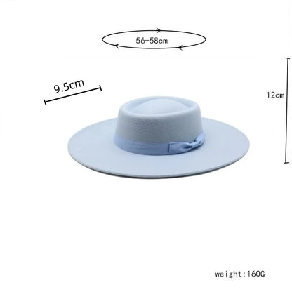9.5cm Brim Round Top Hat Solid Color Fedoras Bow Flat Top Boater Style Panama Hats for Women Men Party Wedding Church Felt Caps