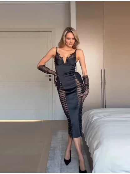 Women's Sexy Side Perspective Lace Dress Black Buckle Satin Mesh Panels Midi Dress Stylish Lady Date Club Party Trend Clothes