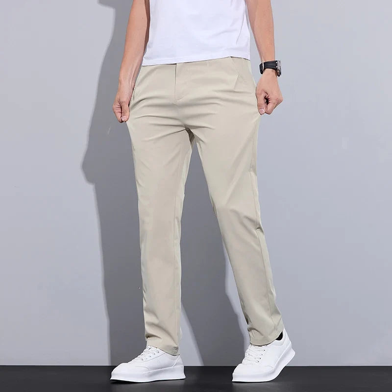 Spring Summer Thin Men's Slim Casual Pants Solid Color Elastic Waist Soft Breathable Business Straight Trousers Black Beige Gray