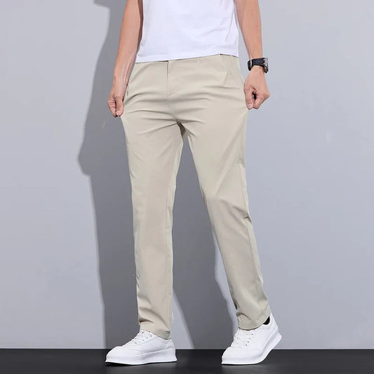 Spring Summer Thin Men's Slim Casual Pants Solid Color Elastic Waist Soft Breathable Business Straight Trousers Black Beige Gray