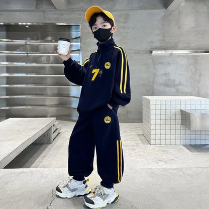 SpringAutumn Boys Cotton Half Zip Pullover Sweatshirt+Sweatpant Work Set School Kid 2PCS Tracksuit Children Jogger Outfit 5-16Yr