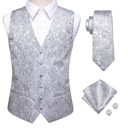 Mens Vests Tie Sets V-Neck Grey Red Purple Blue Green Pink Black Waistcoat Hanky Cufflinks Wedding Business Designer