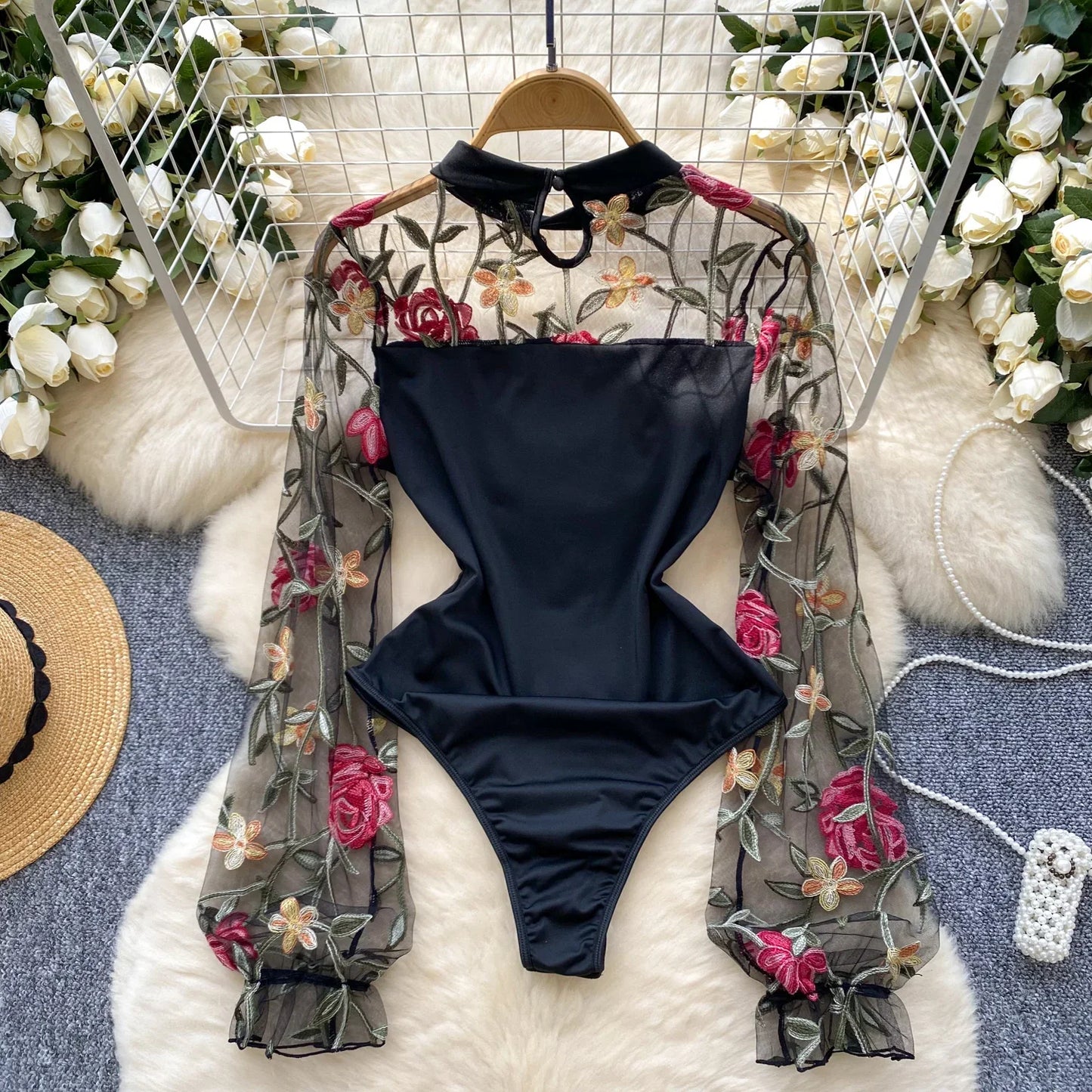 Vintage Embroidery Gauze Sexy Bodysuits Stand Collar Long Sleeve Playsuits Fashion Spliced Women Open crotch Rompers