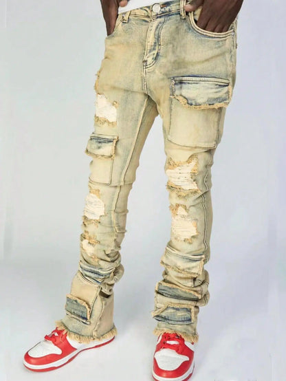 Men Jeans Long Pant Denim Flare Pants Hole Straight Trousers Slim Fit High Waist Casual Button Pocket Splice Autumn Winter
