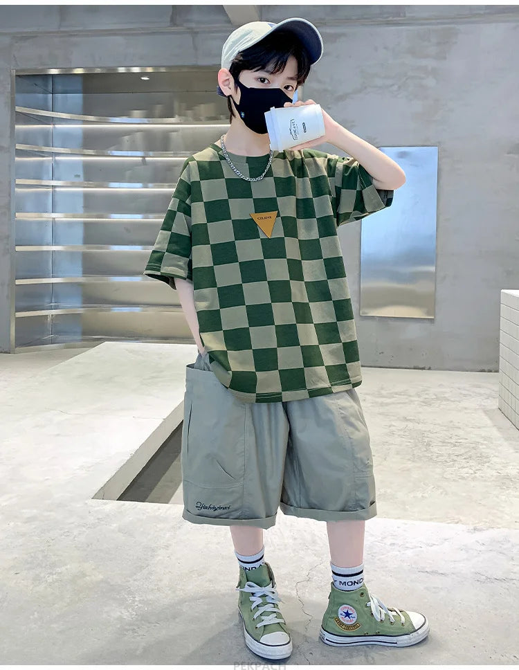 Boys 2 Piece Summer Set Child Clothes Outfits Pliad T-shirt Shorts Cotton Suit Teenager Kids Luxury Clothing Set Tracksuit 5-14Y