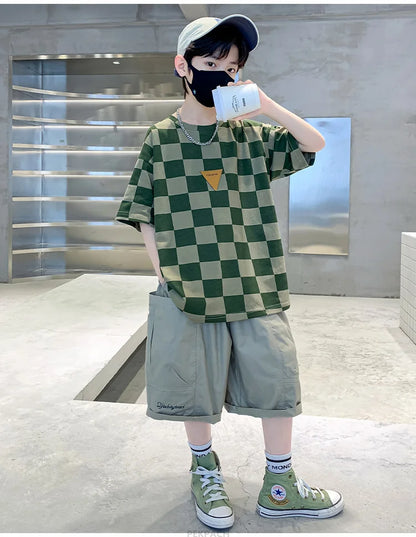 Boys 2 Piece Summer Set Child Clothes Outfits Pliad T-shirt Shorts Cotton Suit Teenager Kids Luxury Clothing Set Tracksuit 5-14Y