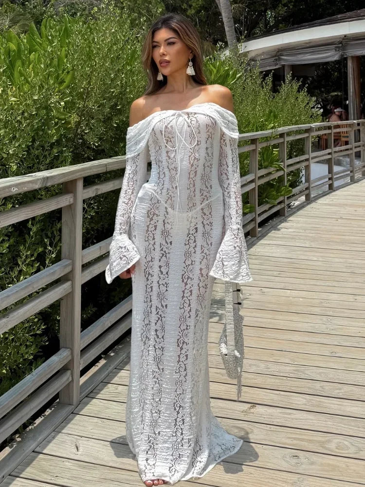 2026 New Women Sexy Lace Patchwork White Maxi Dress Flared Sleeve Off Shoulder Bodycon Gowns Lady Evening Night Party Robes