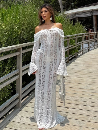 2026 New Women Sexy Lace Patchwork White Maxi Dress Flared Sleeve Off Shoulder Bodycon Gowns Lady Evening Night Party Robes