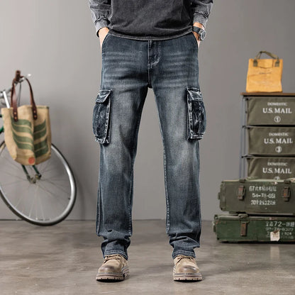 Autumn and winter new styles Men's Outdoor Wide Leg Workwear Multi-Pocket Jeans Straight fit plus size men's jeans  42 44