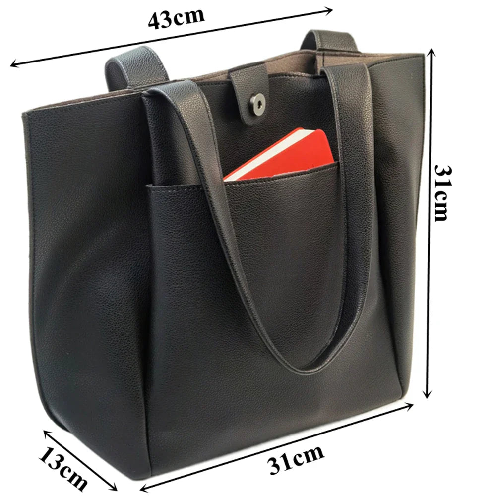 High Quality Soft Leather Woman Casual Tote Shopper Solid Color Handbags Large Capacity Single Shoulder Bag with Outer Pocket