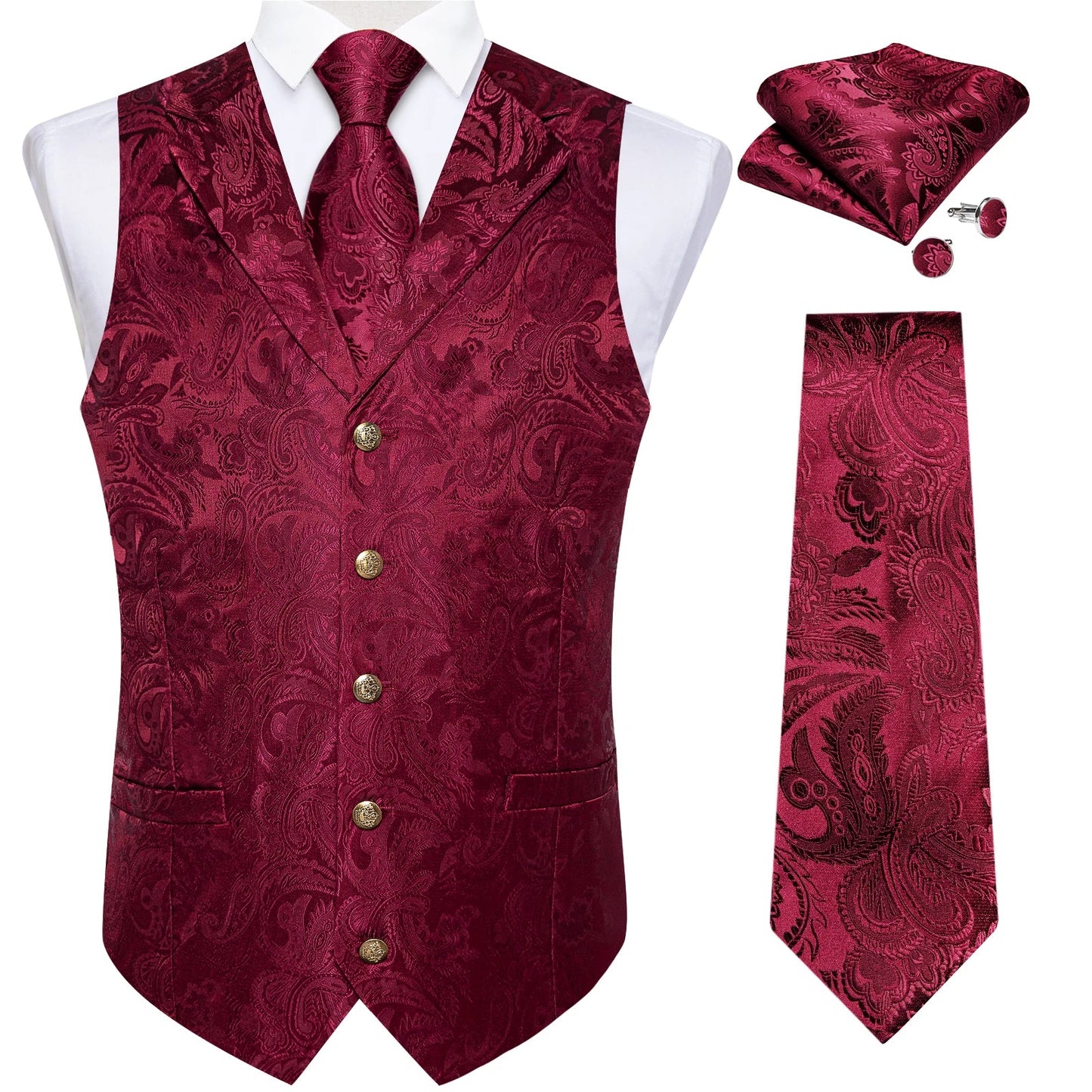 Men's Vest Tie Set Paisley Tuxedo Suit Waistcoat and Necktie Hankerchief Cufflinks for Wedding Party Groom Clothing