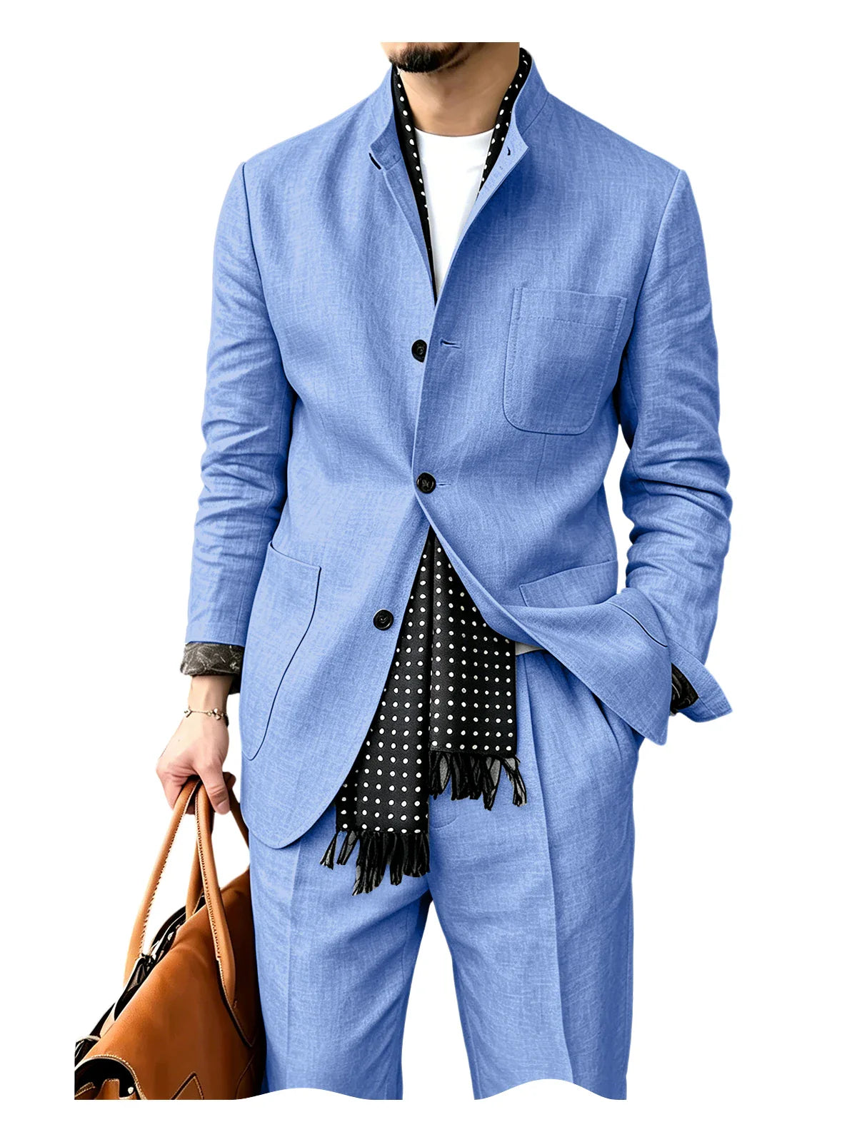 Men's Linen Blend 2 Piece Suit Set Stand Collar Breathable Casual Blazer Pants For Business Daily Wear