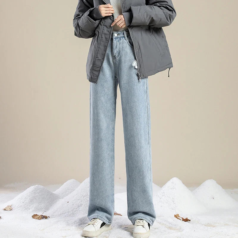 Woman High Waist Streetwear Thicken Jeans Female Fashion Baggy Pants Lady Black Grey Light Blue Blue Punk Thermal Denim Trousers